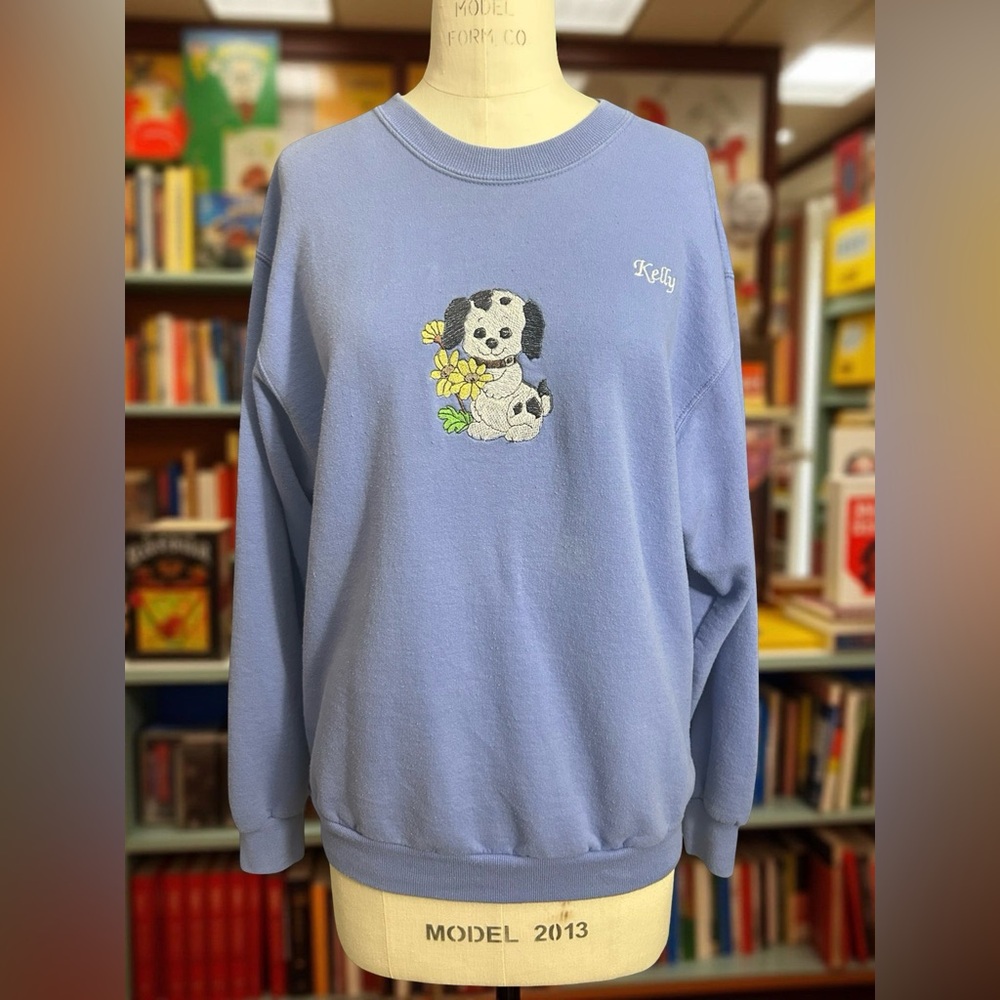 Vintage Embroidered Sweatshirt Puppy Personalized "Kelly" Women's Size Med 90s